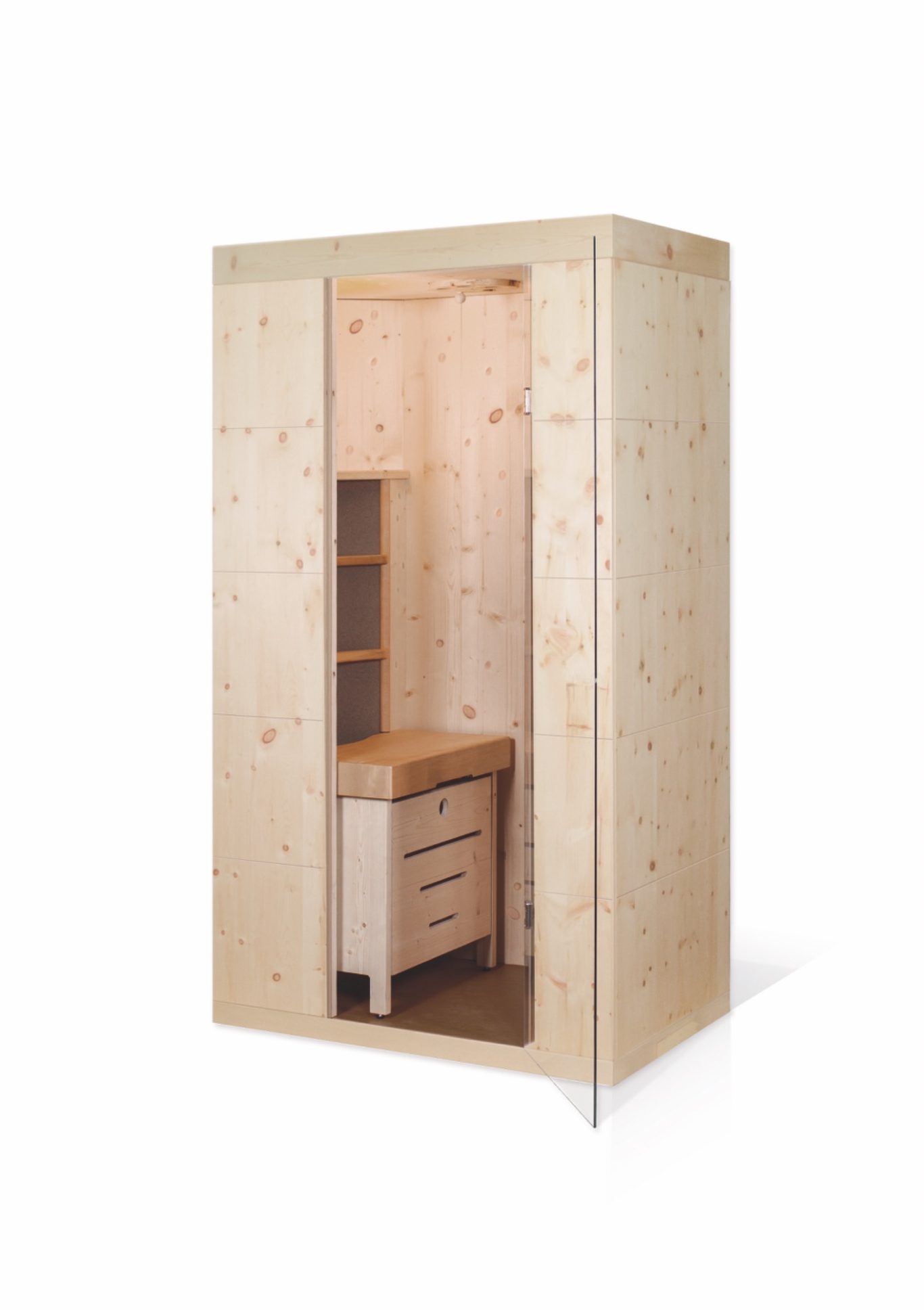 Holzschrank mit offenen Regalen und Schubladen, minimalistischem Design.
